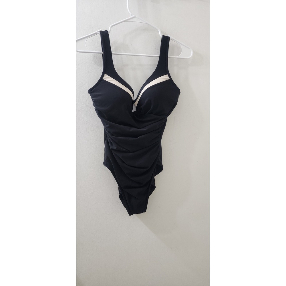 Miraclesuit Womens Ruched One Piece Swimsuit Black Cream Trim Underwire Slimming